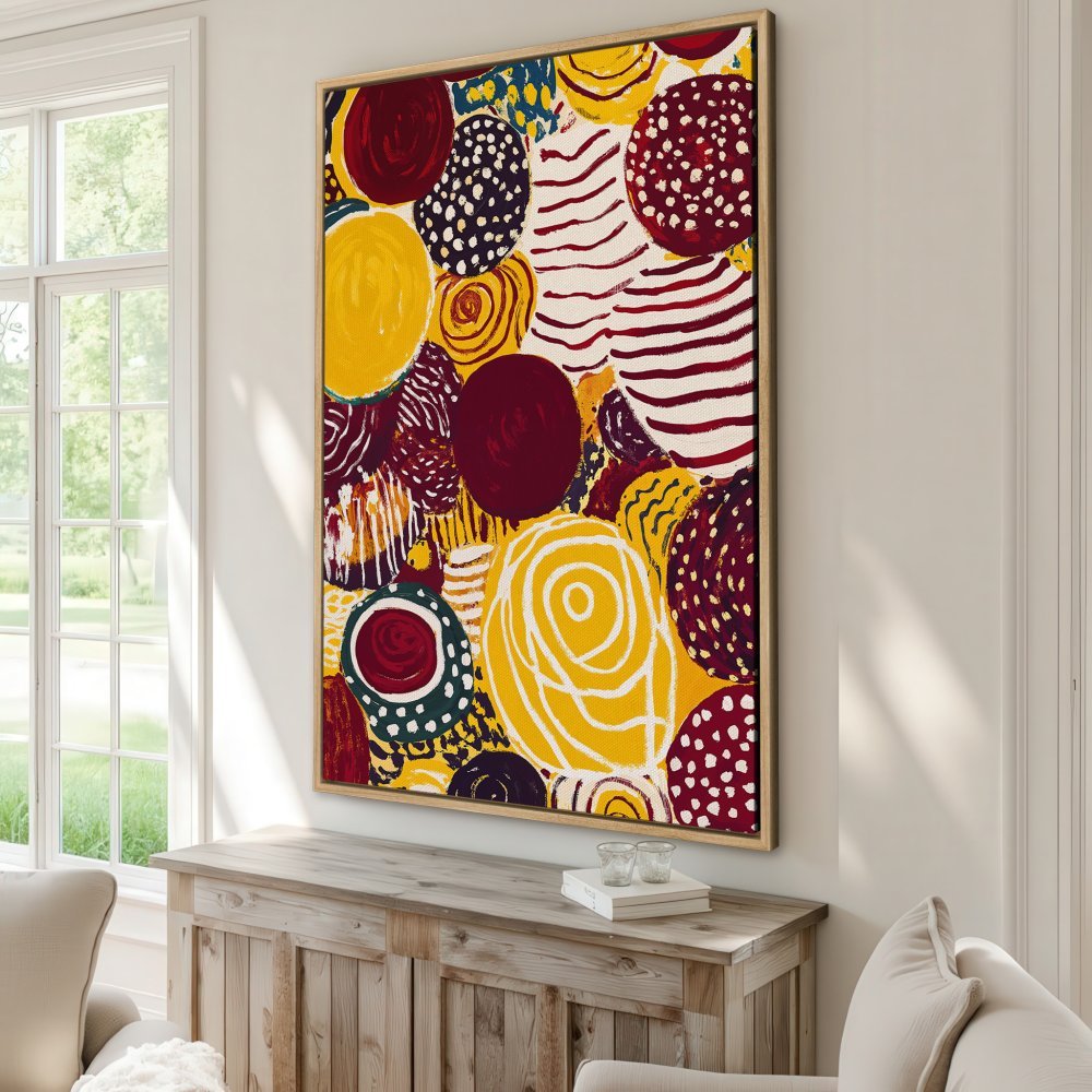 Framed Wall Art: Abstract circle painting in yellow, red, and burgundy. Modern art canvas print for living room decor.