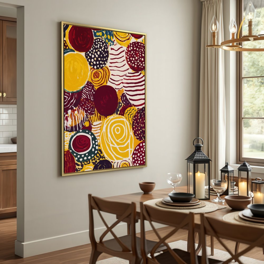 Abstract Canvas Print with bold circles in yellow, burgundy, and white. Perfect wall art for modern homes.