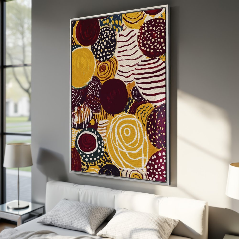 Abstract Canvas Print with bold circles in yellow, burgundy, and white. Modern wall art for your bedroom.