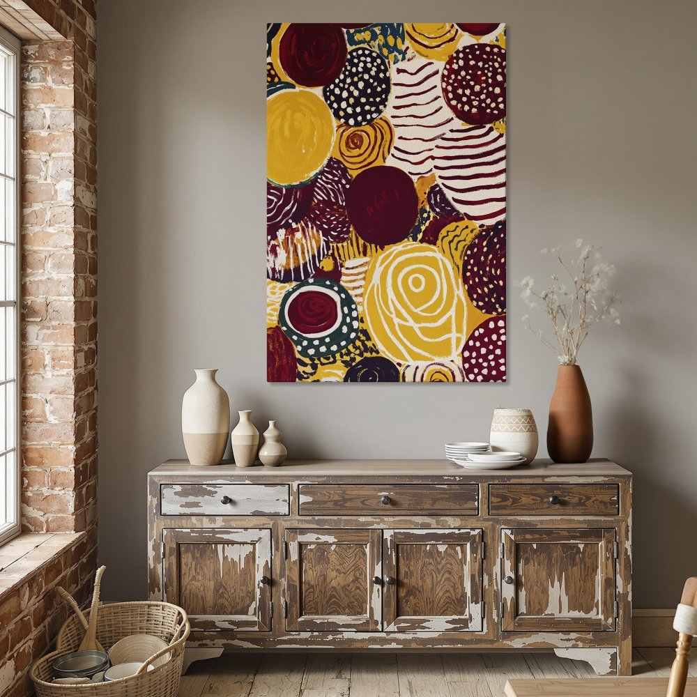 Framed Wall Art: Abstract circles in yellow, red, and burgundy. Modern art canvas print adds vibrant color to dining room decor.