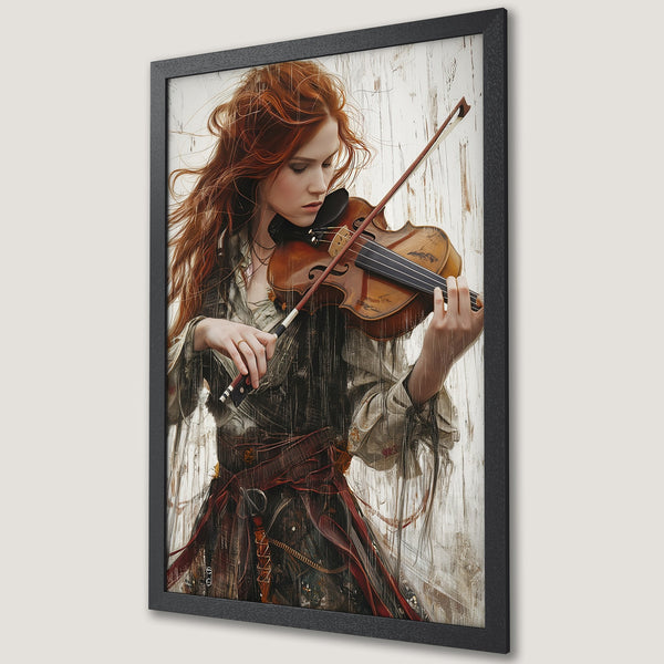 Framed Poster: Woman playing violin, artistic style, red hair, warm tones, rustic wood background. Perfect wall art!