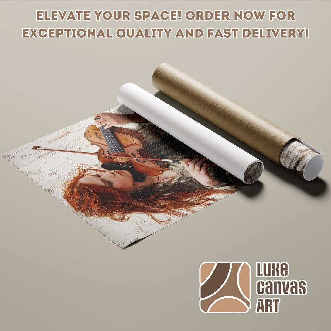 Poster Roll featuring a woman with red hair playing a violin. Artistic style, warm color palette. Elevate your space with this unique poster!