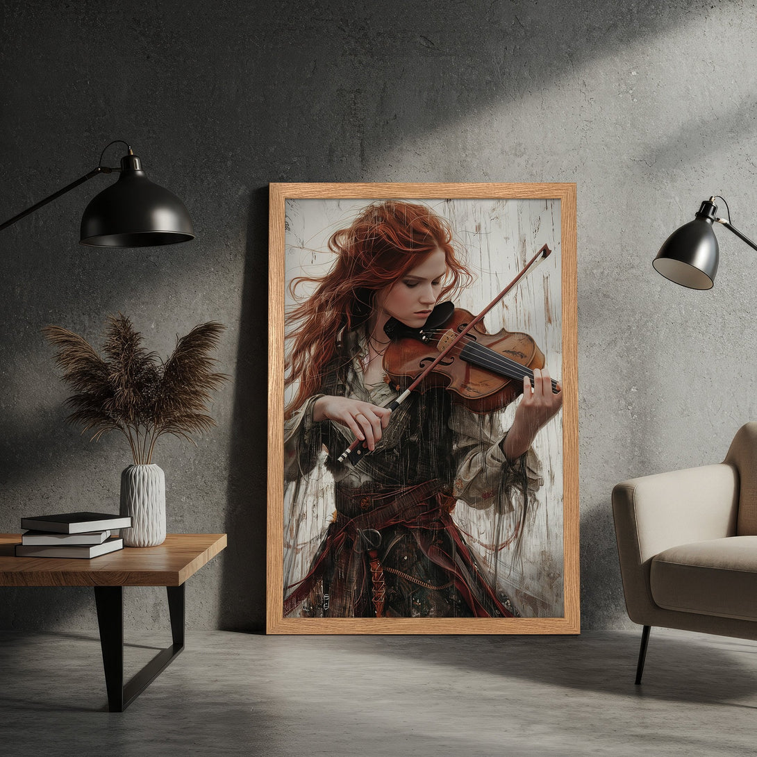 Framed Poster of a woman playing violin, artistic style, warm color palette, perfect wall art.