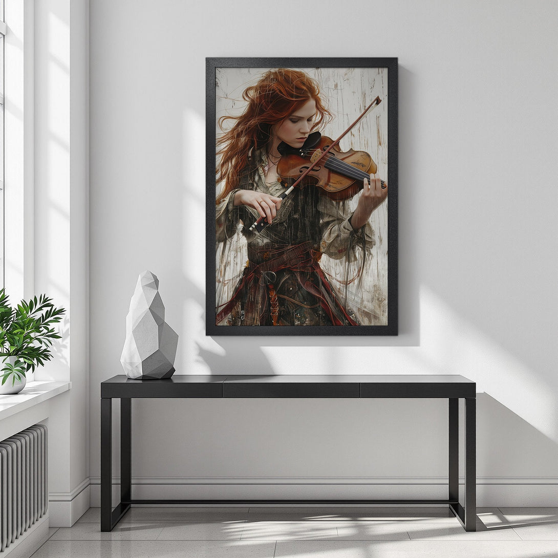 Framed Poster of a redhead playing violin, artistic style with warm tones. Perfect wall art for music lovers!
