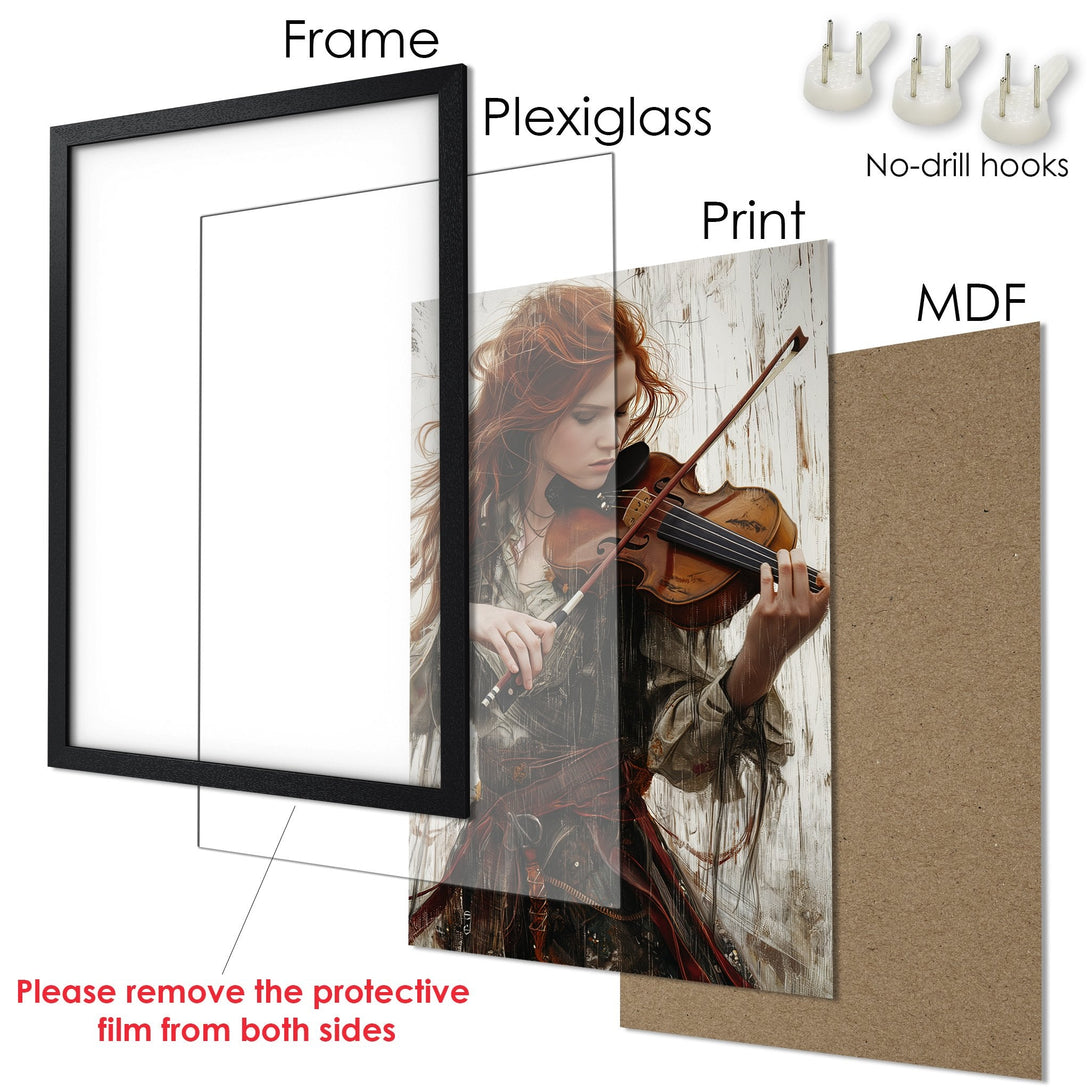 Framed Poster featuring a woman playing violin. Artistic style with warm, earthy tones and a touch of red. Perfect wall art!