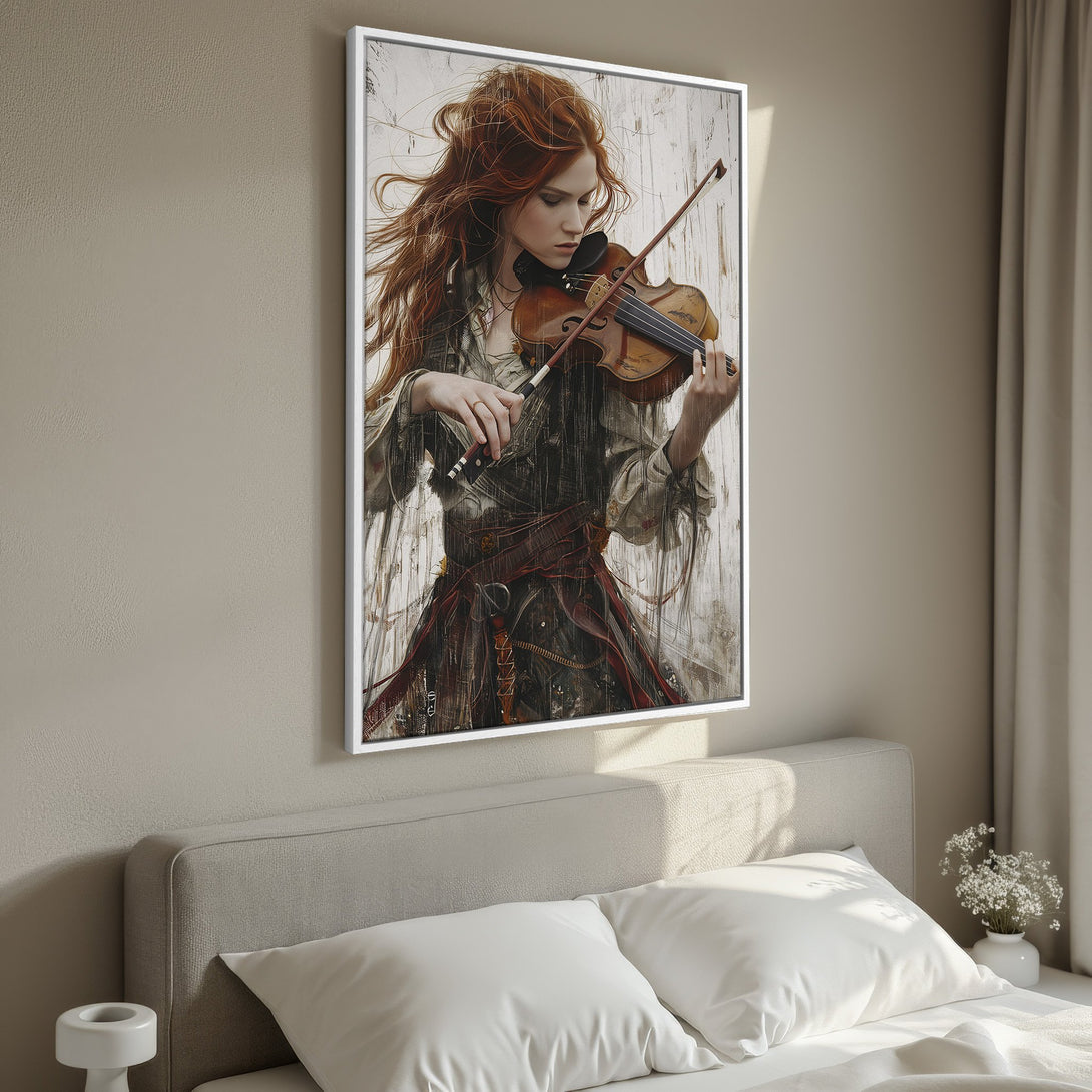 Framed Wall Art: Fantasy portrait of a redhead playing violin. Warm, earthy tones with a rustic, artistic style, perfect for bedroom decor.