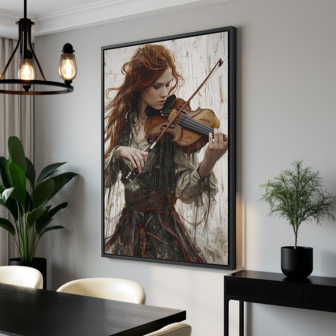 Framed Wall Art featuring a red-haired woman playing violin. Rustic style with warm, earthy tones. Perfect for adding elegance to your home decor.