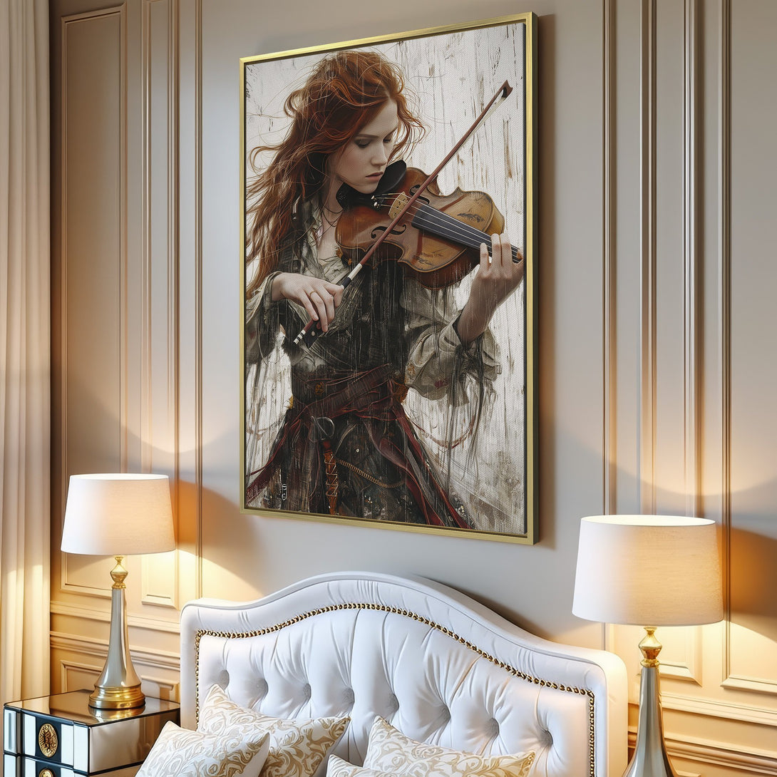 Canvas Print of a woman playing violin, rustic style, warm color palette. Perfect wall art for living room decor.