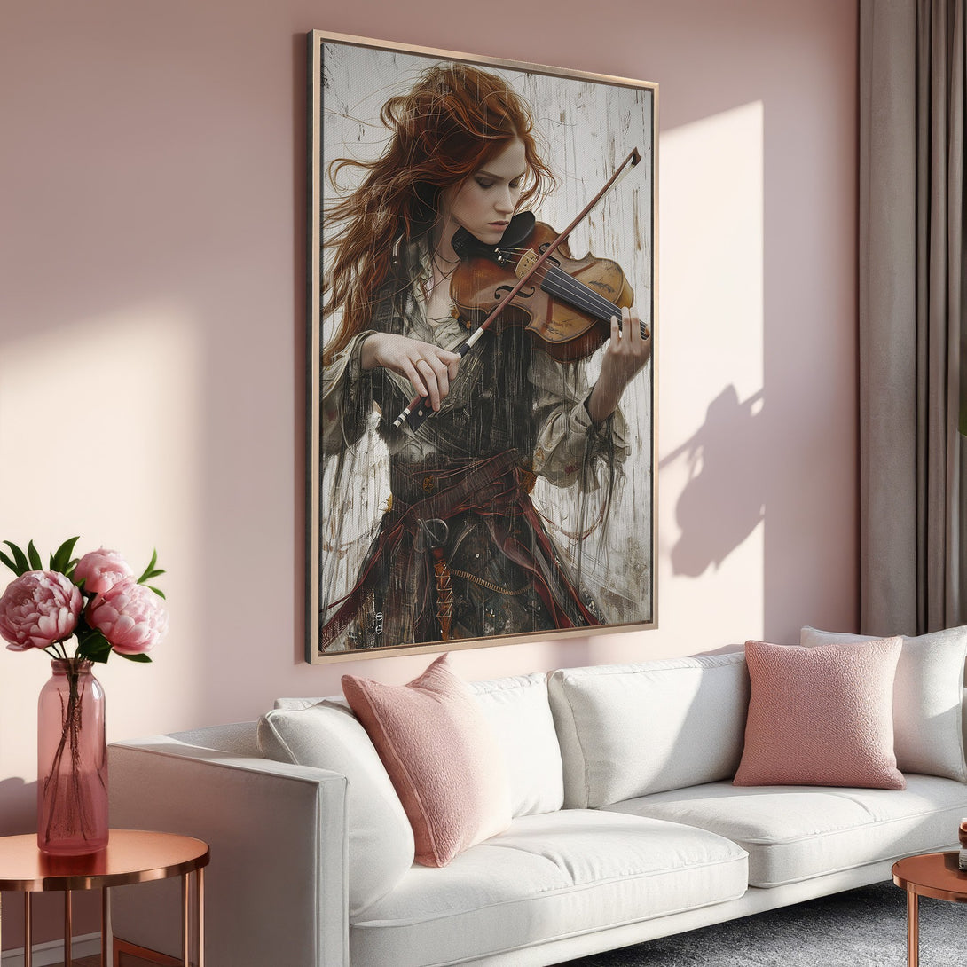 Framed Wall Art: Beautiful woman playing violin. Warm color palette with pinks and browns. Perfect for living room decor.