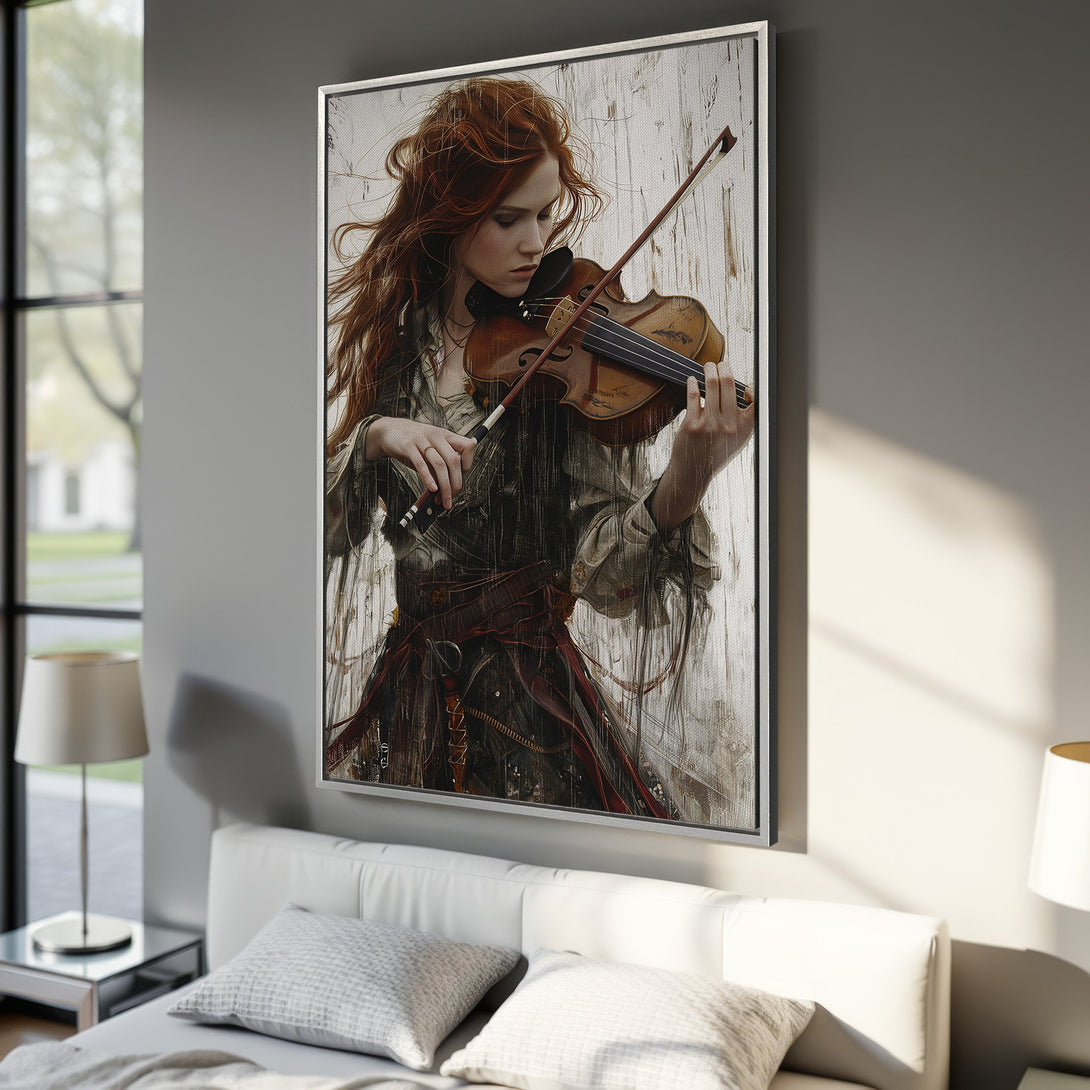 Framed Wall Art: Woman playing violin. Artistic, neutral tones. Perfect for bedroom decor. Add a touch of elegance with this canvas print.