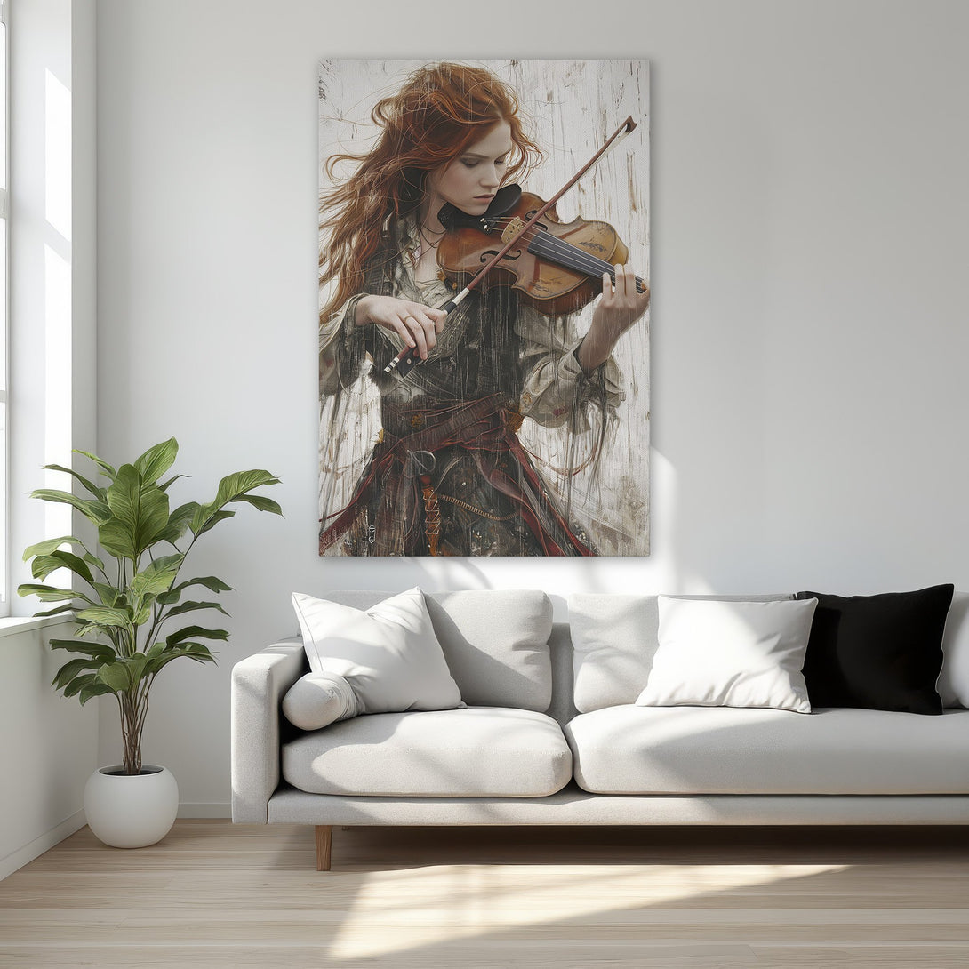 Framed Wall Art: Woman playing violin. Elegant canvas print with warm, neutral tones and a touch of red, perfect for bedroom decor.