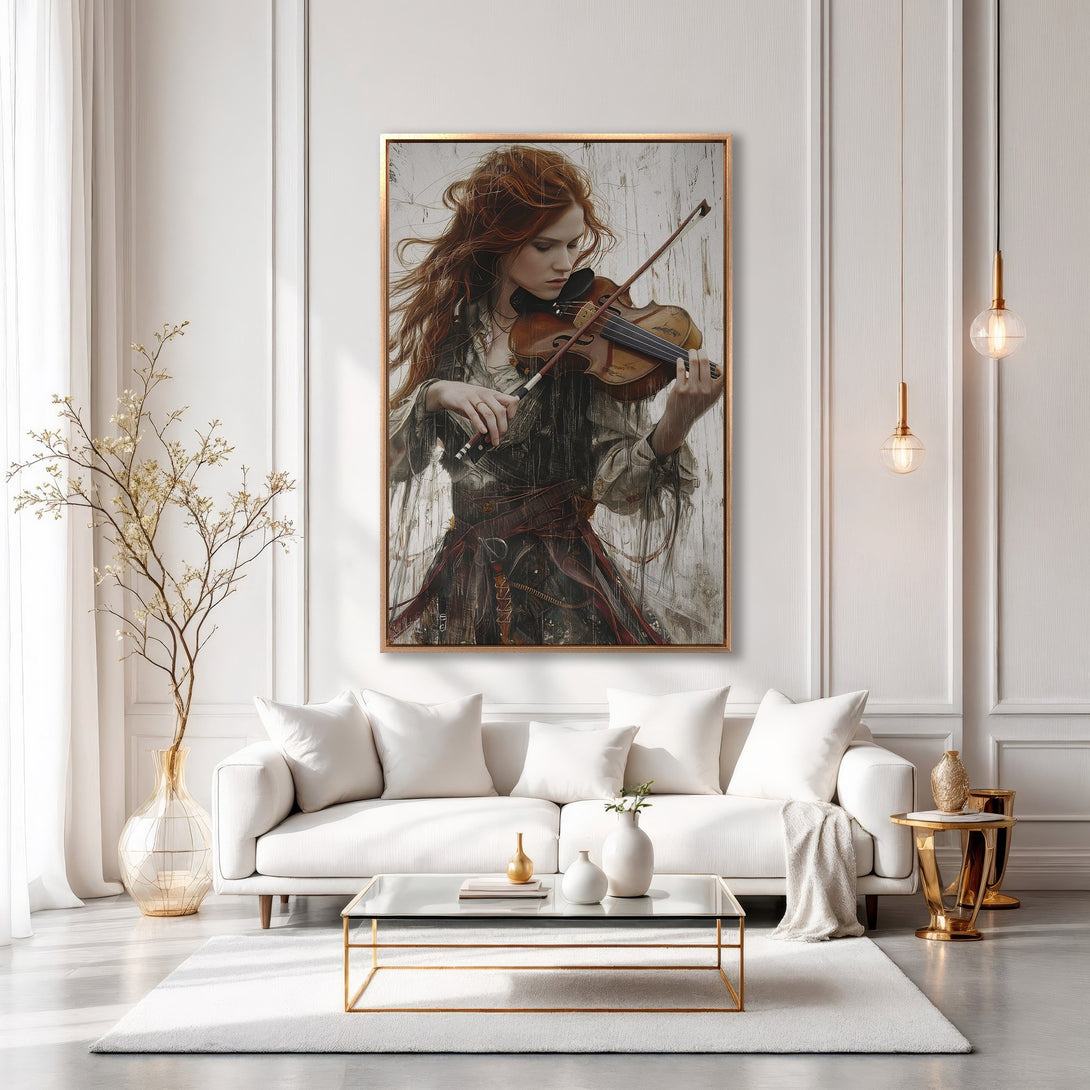 Framed Wall Art: Portrait of a violinist with red hair, warm color palette, displayed in a modern living room. Elevate your space with art!