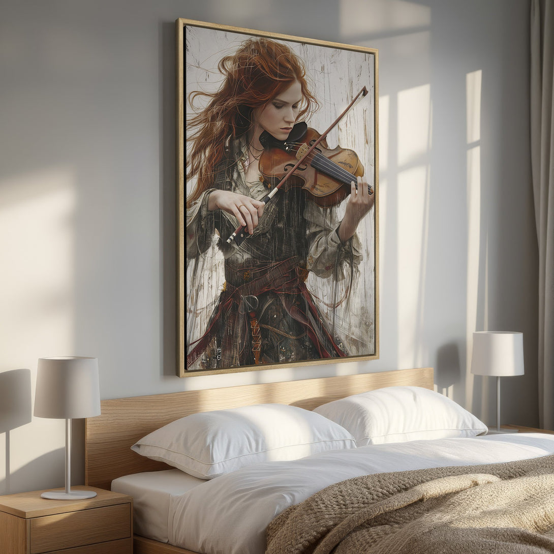 Framed Wall Art featuring a red-haired woman playing violin. Warm, neutral color palette with rustic style. Perfect bedroom decor.