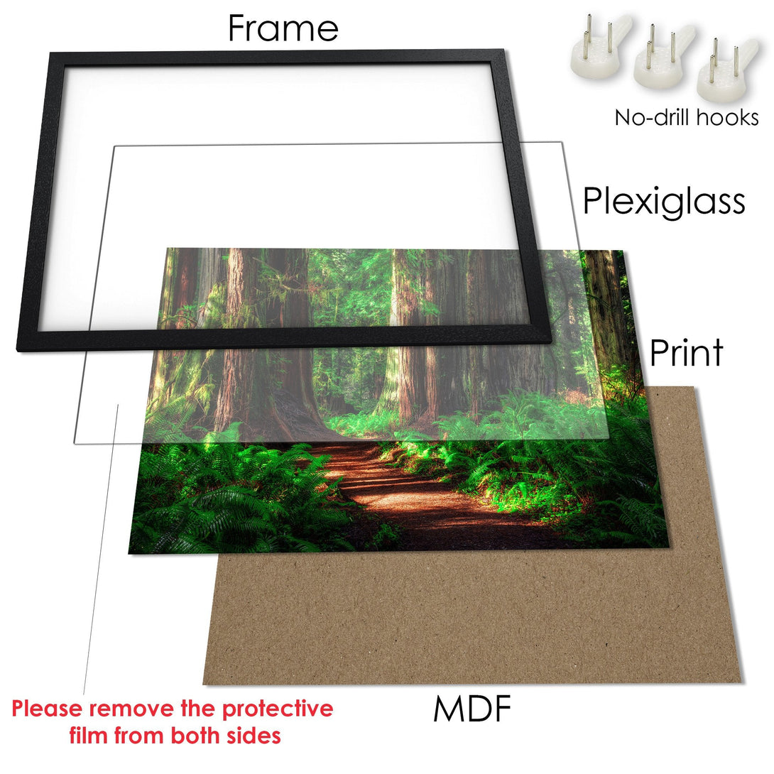 Framed Poster of a serene forest path. Green and brown tones create a calming nature scene. Perfect wall art!