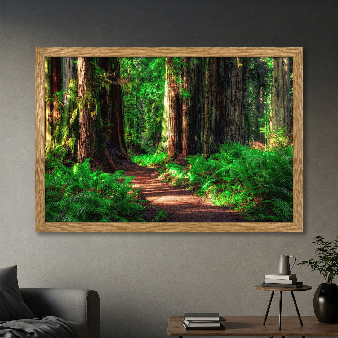 Framed Poster featuring a serene forest path. Lush green foliage & towering trees in a warm, inviting color palette. Bring nature's beauty home!