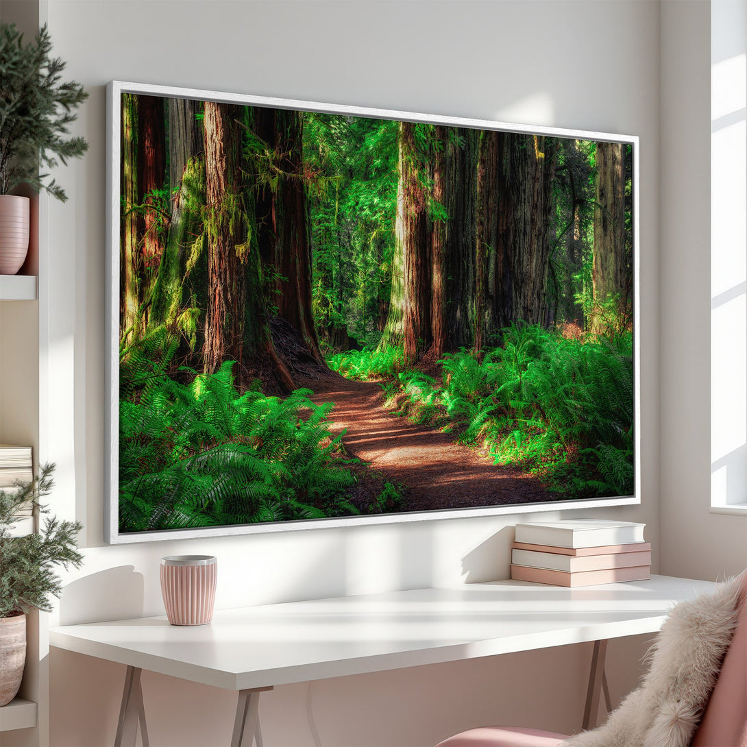 Framed Wall Art: Serene forest path Canvas Print. Lush green and brown landscape art. Bring nature's beauty indoors with this stunning wall decor.
