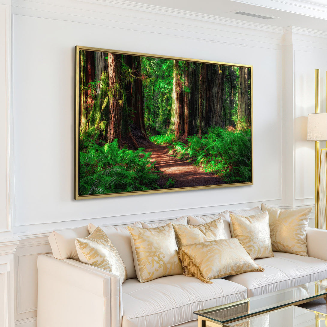Canvas Print of a serene forest path, featuring lush greens and earthy tones. Bring nature's beauty indoors with this stunning wall art.