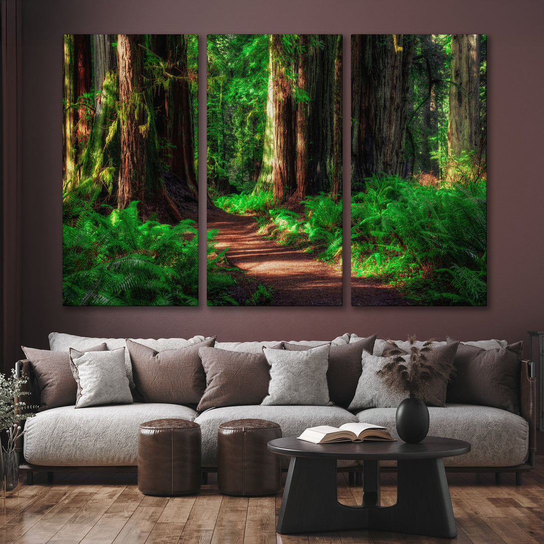 Canvas Print of a serene forest path with vibrant green foliage and warm brown tones, perfect for adding nature-inspired art to your home.