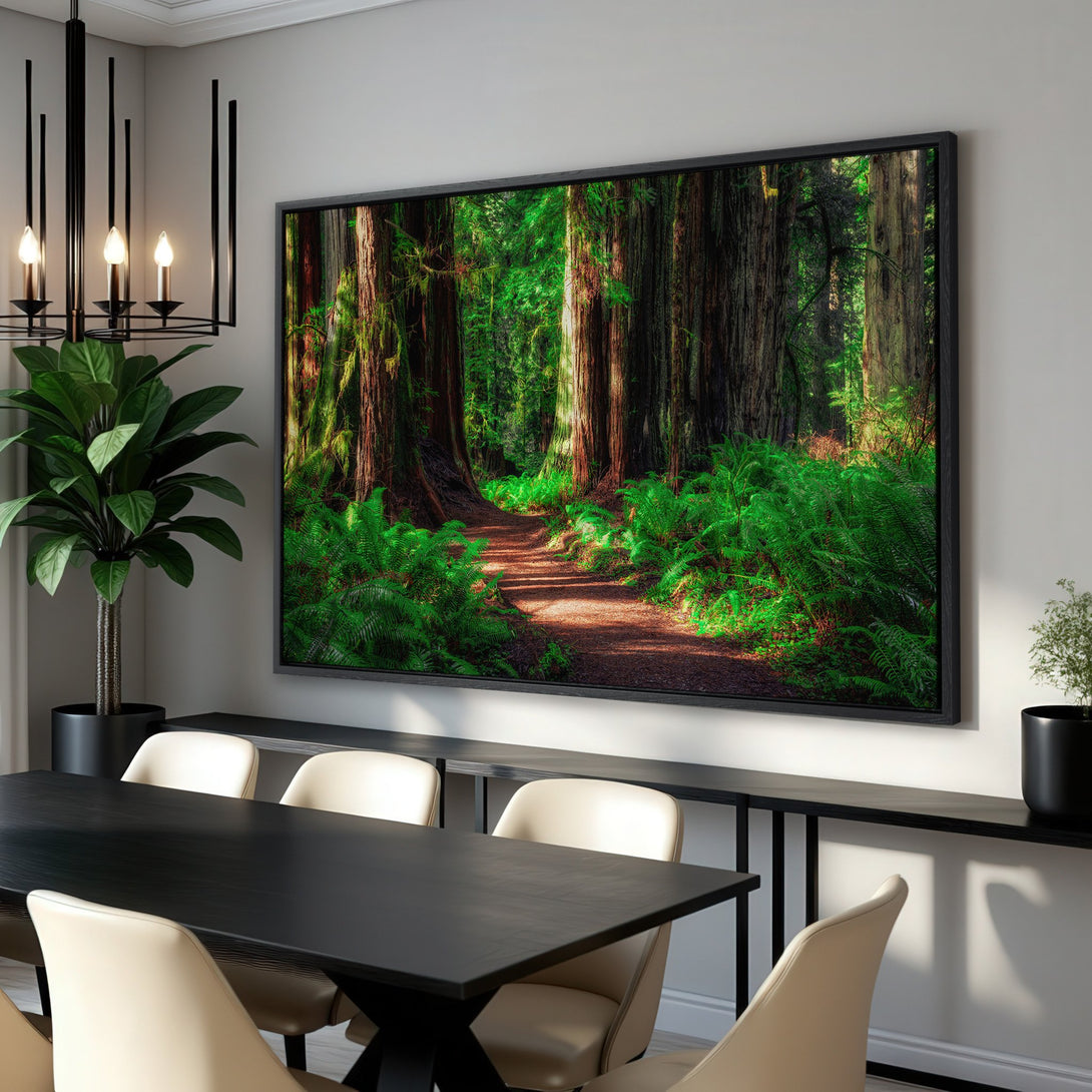 Framed Wall Art: Serene forest path canvas print with lush greens and browns. Perfect for bringing nature's beauty indoors. Enhance your home decor!
