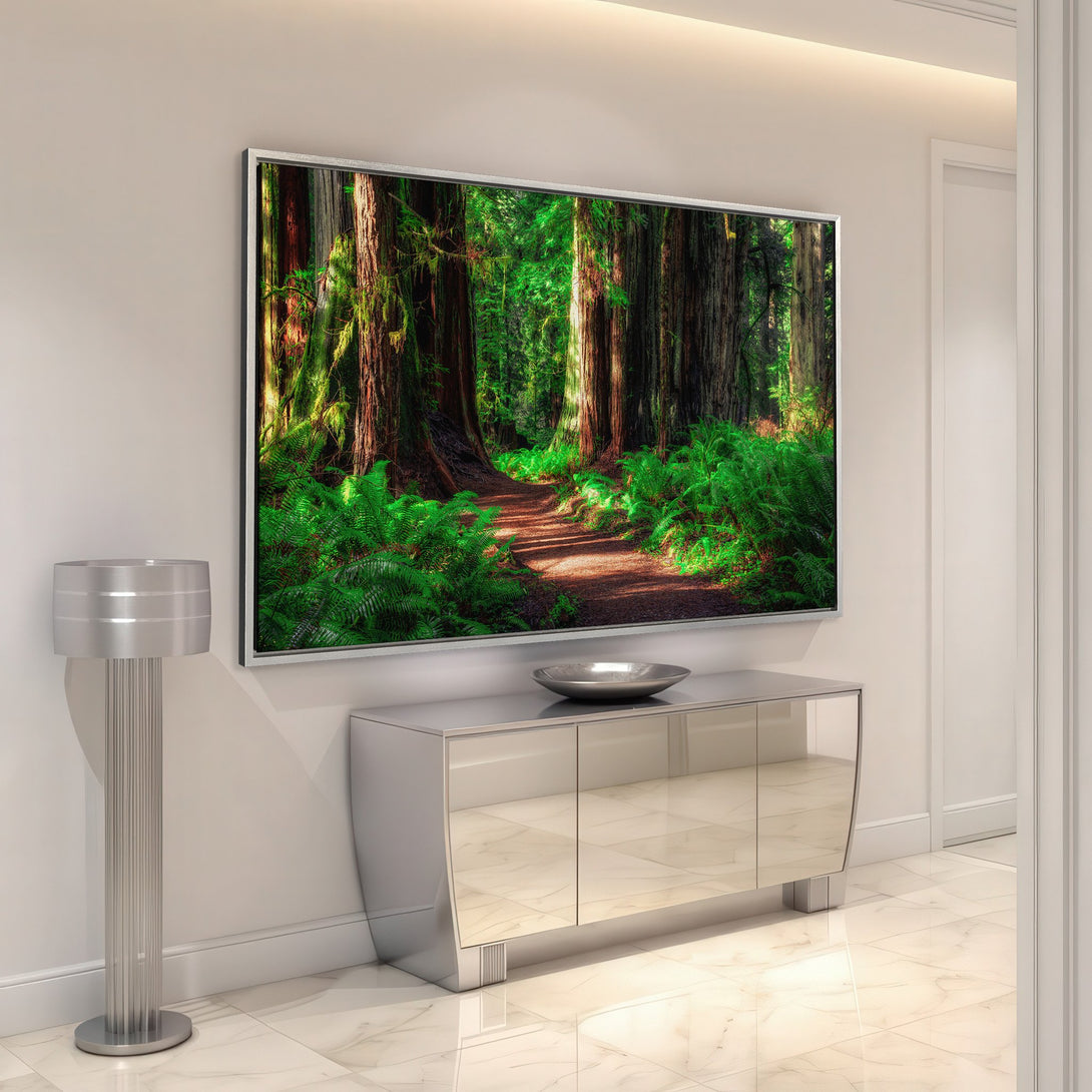 Framed Wall Art of a lush forest path. Nature-inspired art with vibrant greens and earthy tones. Enhance your space with this stunning Canvas Print.