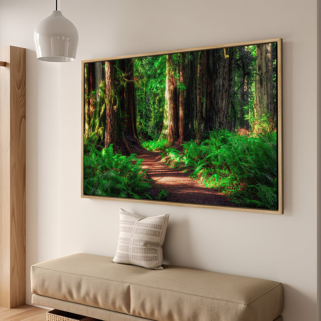 Framed Wall Art of a lush forest path. Nature-inspired art with vibrant greens, browns, and natural tones. Perfect for adding a touch of serenity.