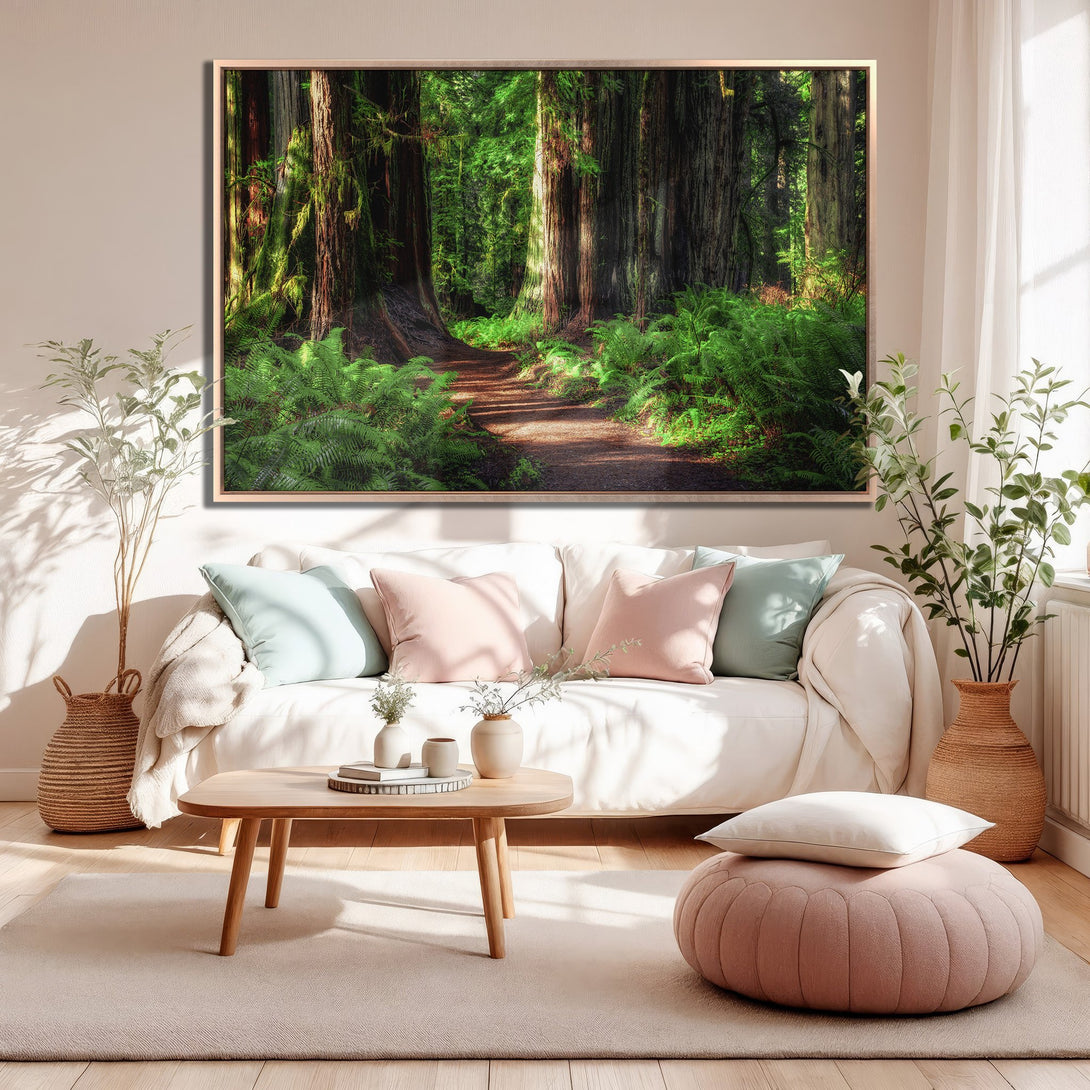 Framed Wall Art: Majestic forest path canvas print. Nature-inspired artwork with green and brown tones, perfect for adding a touch of tranquility to your home.