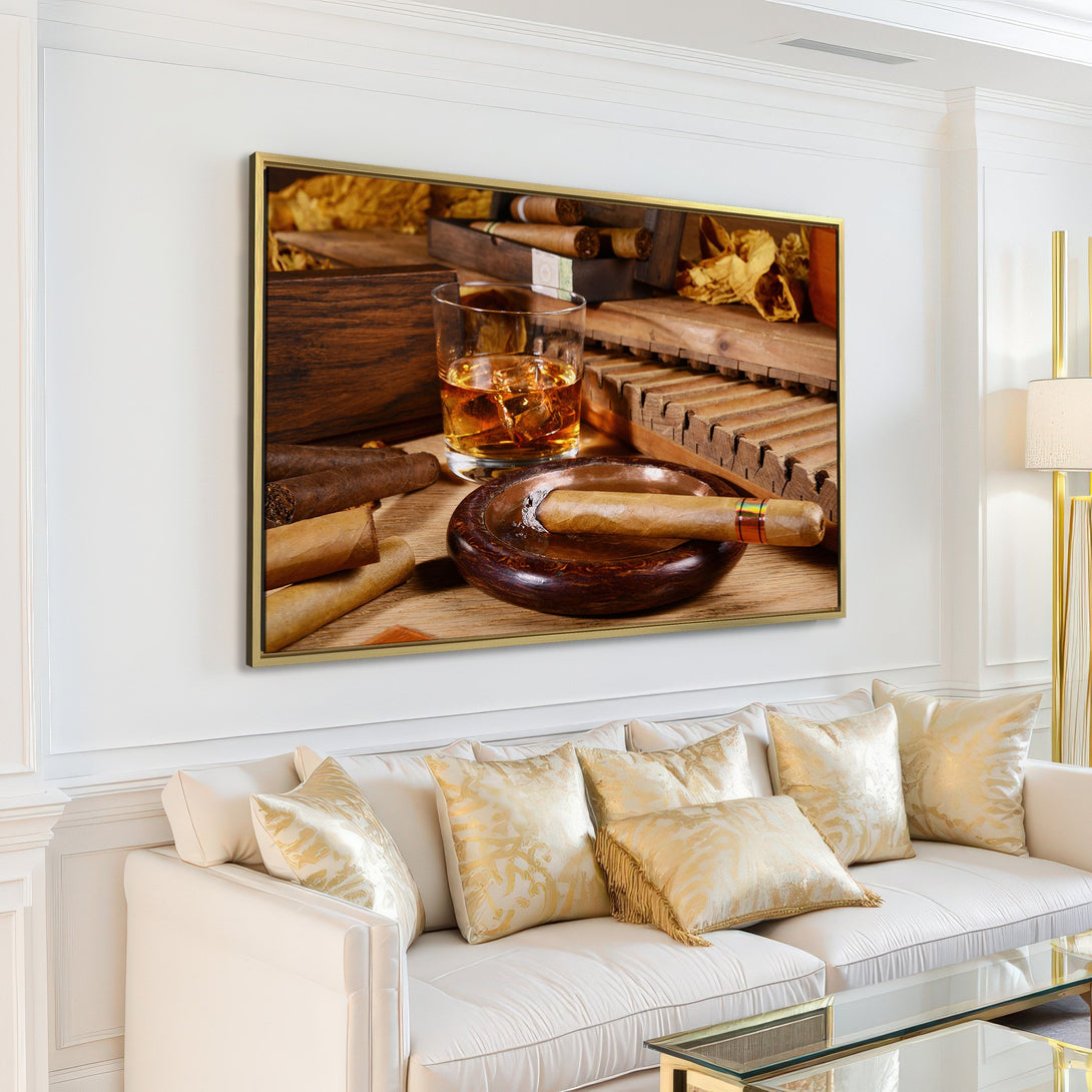 Canvas Print of a still life with cigars, whiskey, and wood tones, adding a touch of luxury to any space. Warm, inviting color palette.