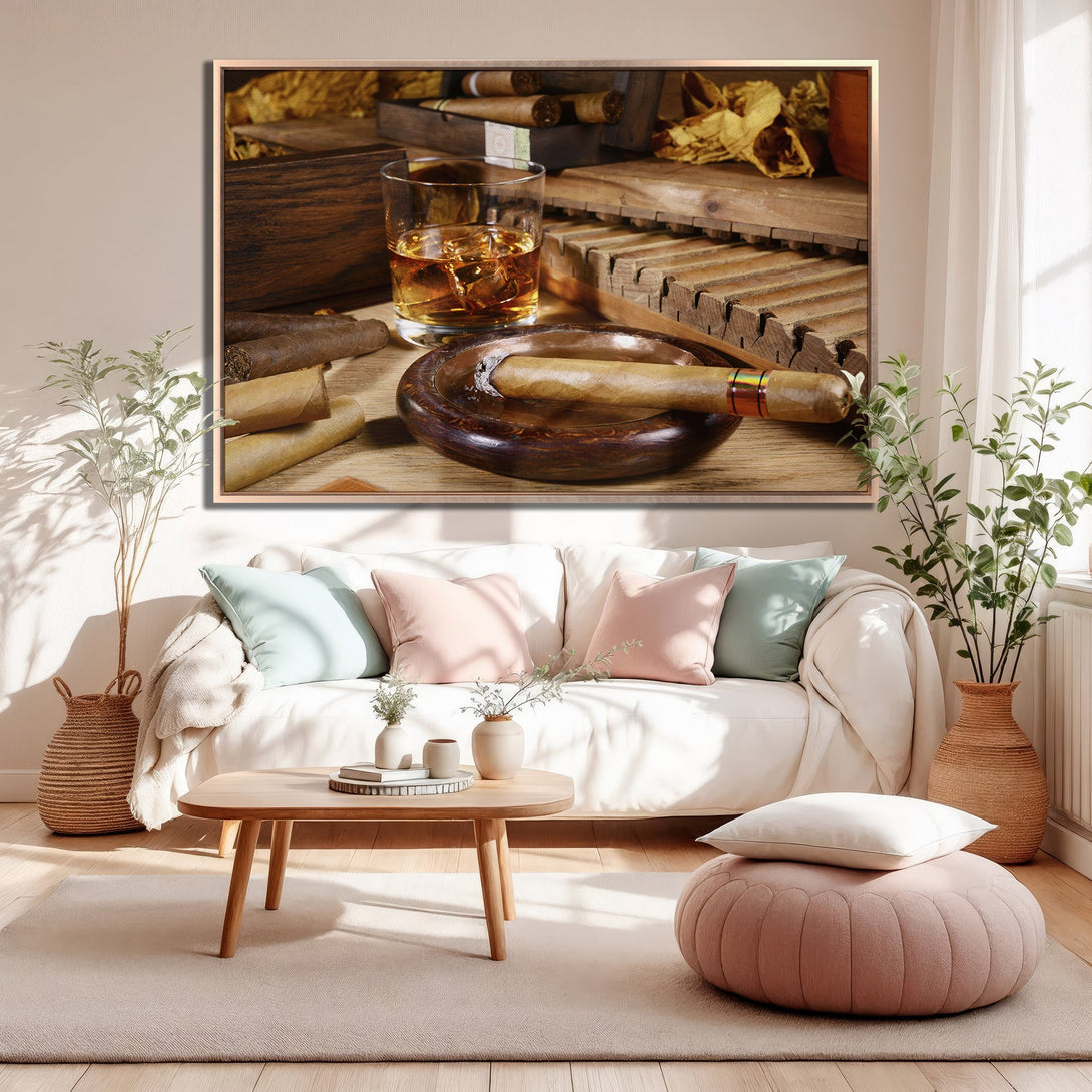 Framed Wall Art featuring a cigar and whiskey still life. Warm, inviting color palette with a touch of luxury. Perfect for home decor.