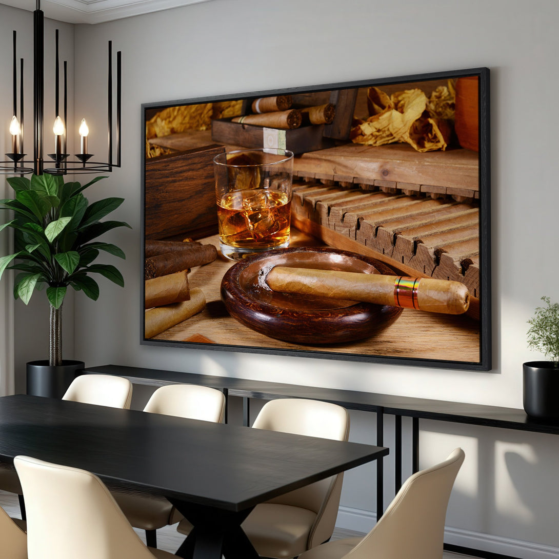 Framed Wall Art featuring a still life of cigars, whiskey, and wood tones. Rustic style with warm brown and gold color palette, perfect for a sophisticated space.