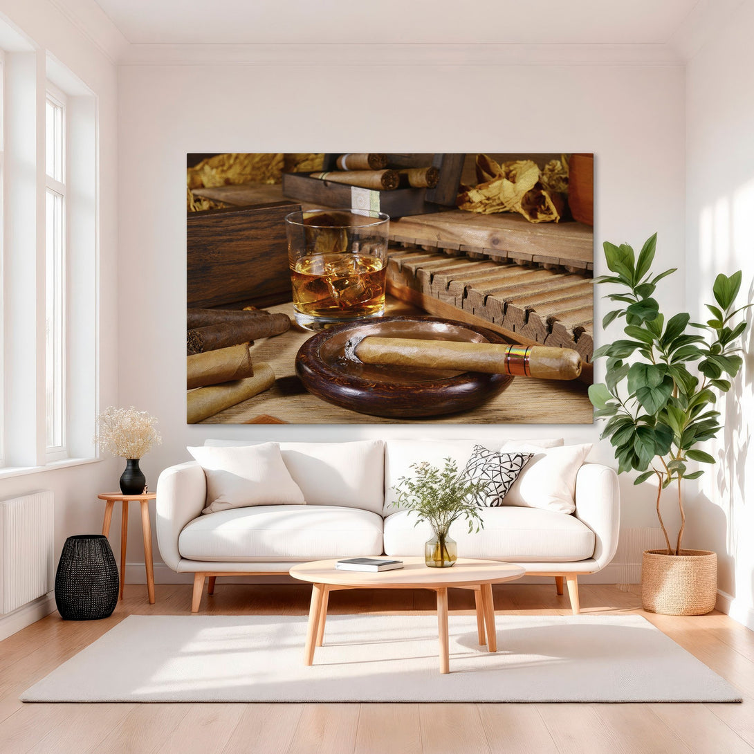 Framed Wall Art: Cigar and whiskey still life in warm tones. Perfect for a sophisticated living room. Luxurious decor with a gold frame.