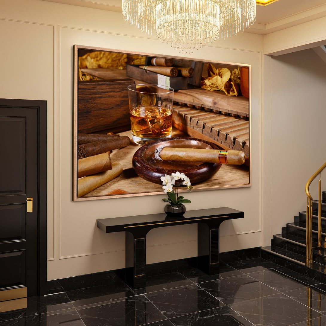 Framed Wall Art: Cigar and whiskey still life in warm tones. Perfect for adding a touch of luxury and sophistication to your home decor.