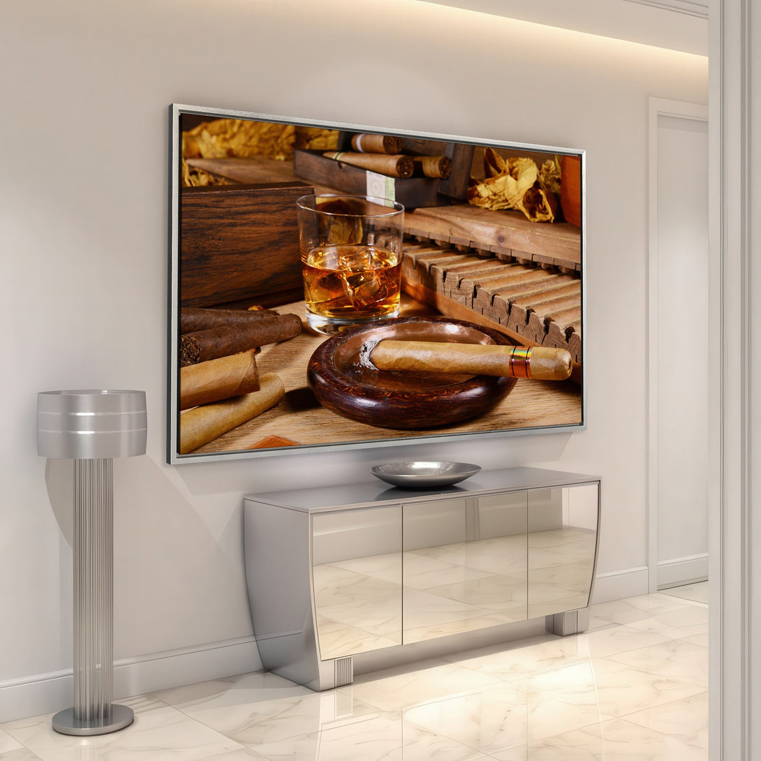 Framed Wall Art: Cigar and whiskey still life canvas print in warm brown tones. Perfect for adding a touch of luxury and sophistication to any space.