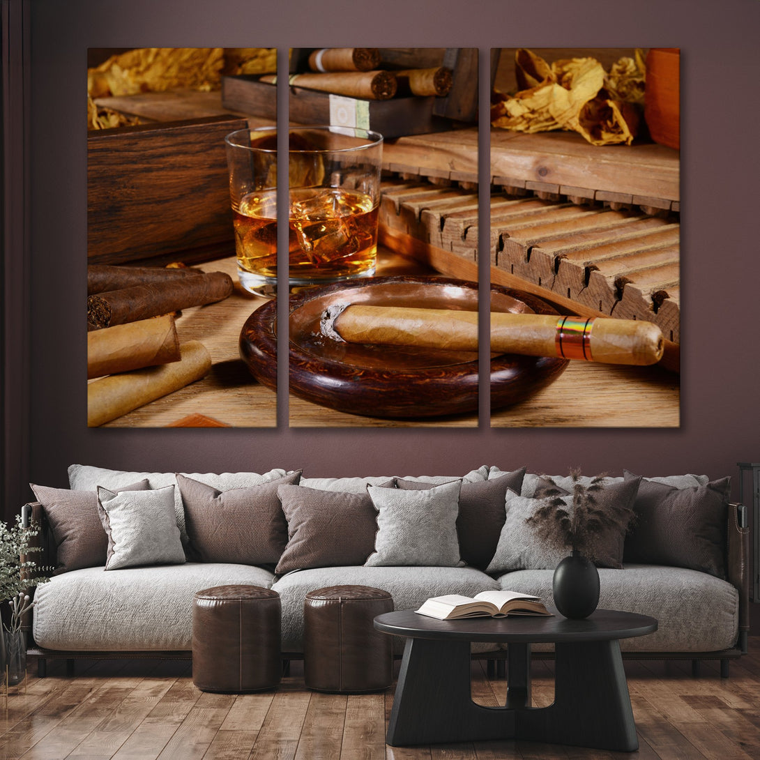 Canvas Print: Cigar & whiskey art with warm, rich tones. Perfect for a sophisticated living room. Adds a touch of luxury.