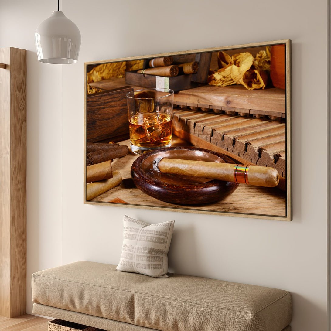 Framed Wall Art: Cigar and whiskey still life. Warm, inviting colors. Perfect for a home bar or man cave. Elevate your space!
