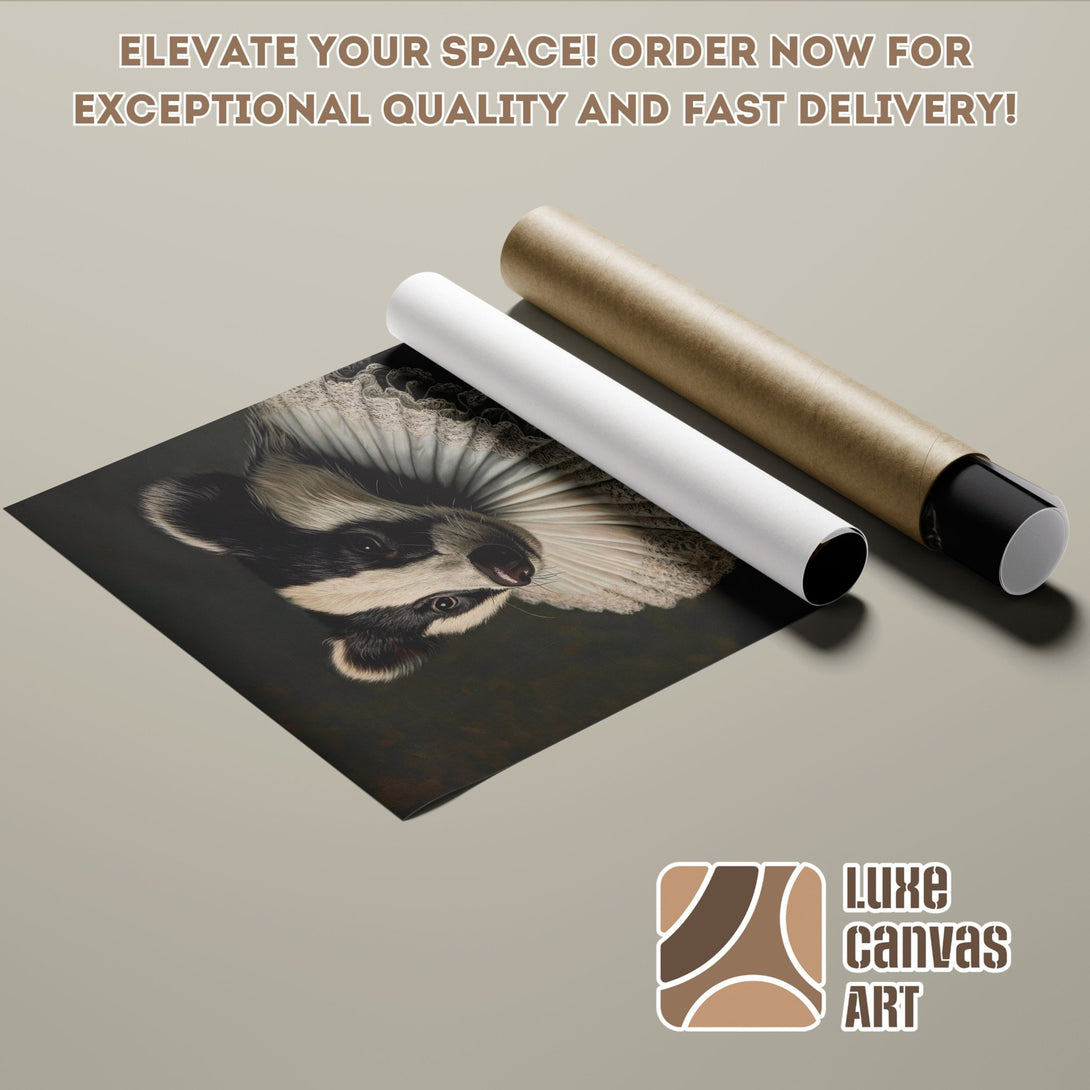 Poster Roll featuring a whimsical badger portrait in a vintage style, with a dark, earthy color palette. Elevate your space!
