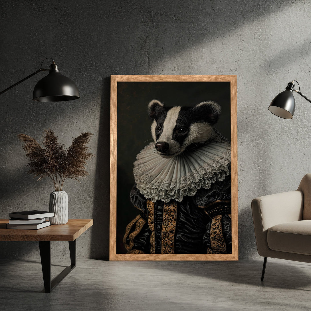 Framed Poster featuring a regal badger in Renaissance style, with a dark, moody color palette. Add a touch of whimsy to your home!