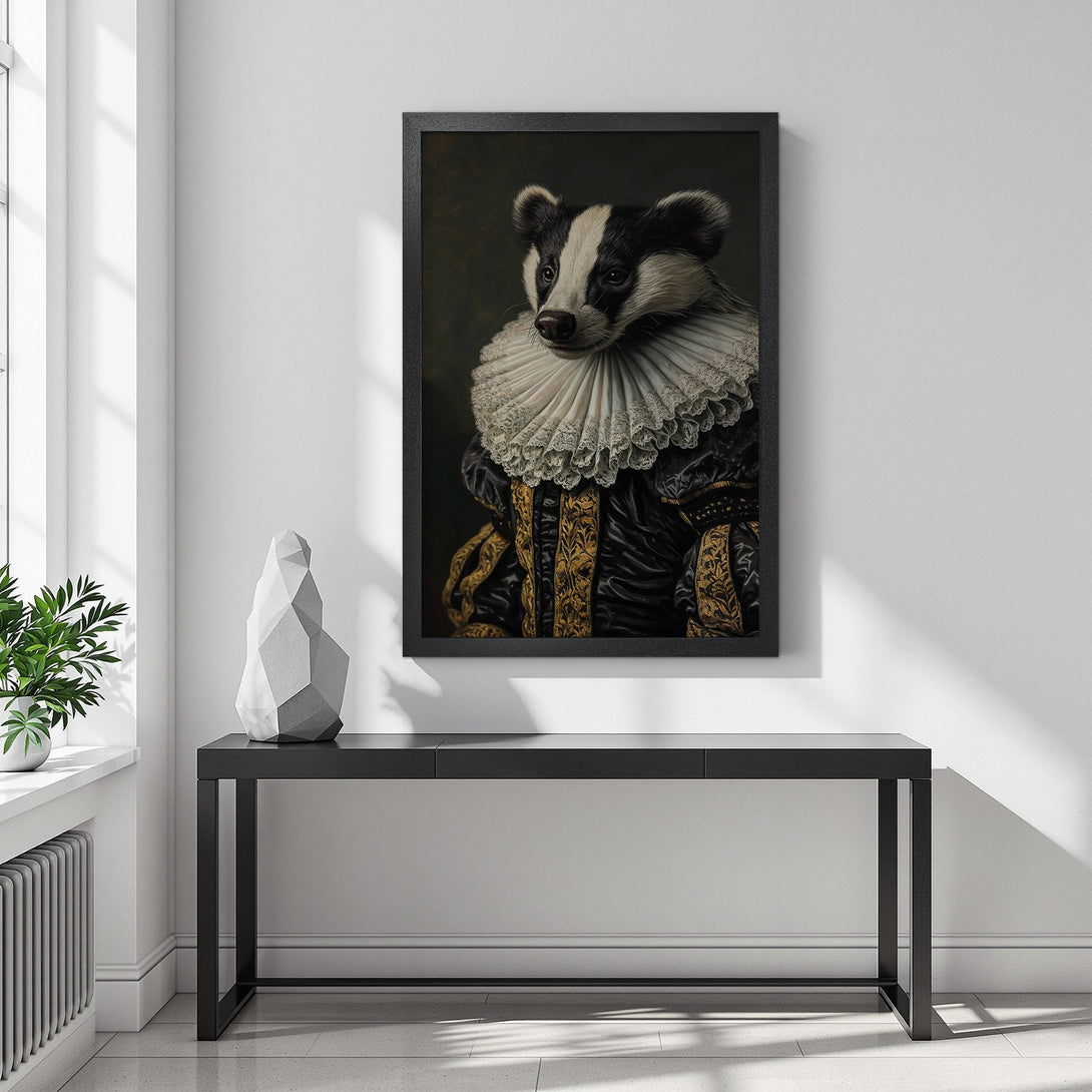 Framed Poster featuring a regal badger portrait in a vintage style. Black, white, and gold color palette, perfect wall art.