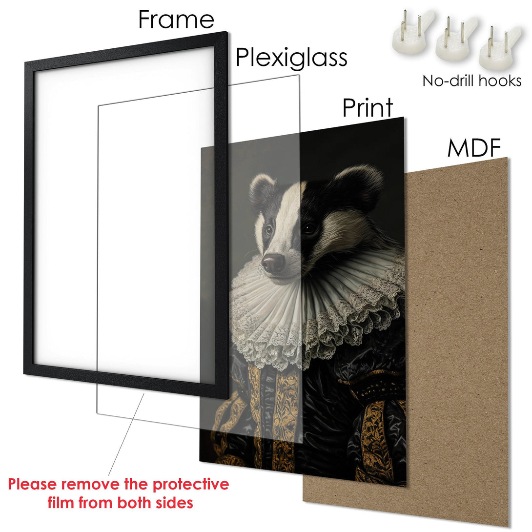 Framed Poster of a badger in regal attire. Elegant, vintage style with black, white, and gold color palette. Ready to hang art.