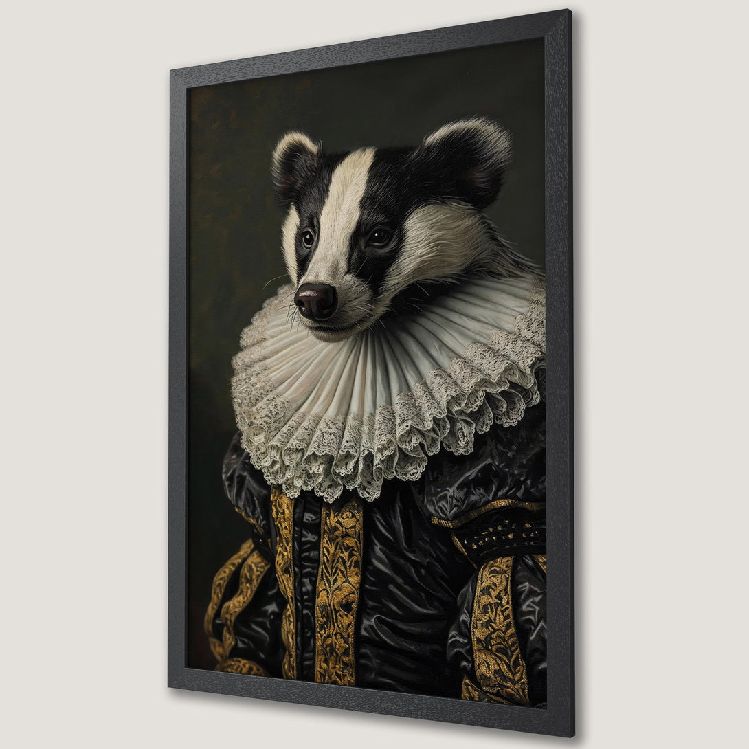 Framed Poster featuring a badger in regal attire, Renaissance style with a dark, gold, and white color palette. Perfect wall art!