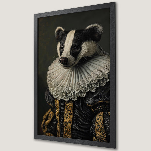 Framed Poster featuring a badger in regal attire, Renaissance style with a dark, gold, and white color palette. Perfect wall art!
