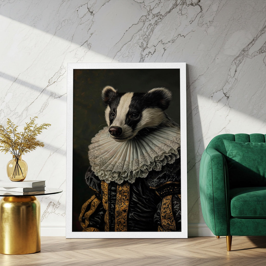 Framed Poster featuring a regal badger portrait in Renaissance style, with black, gold, and cream tones. Perfect wall art!