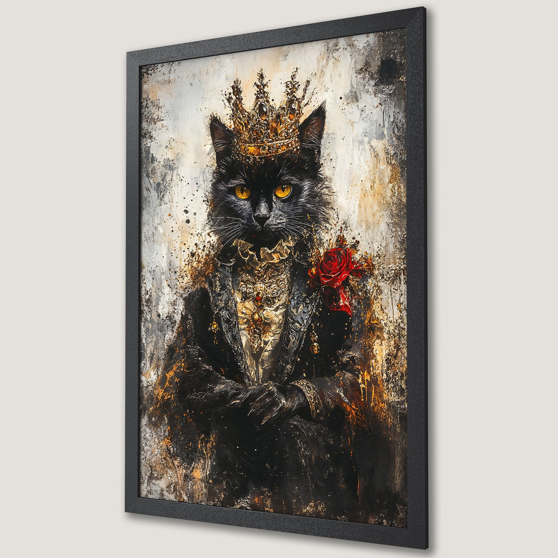 Framed Poster featuring a regal cat in a crown, abstract style with a gold, black, and red color palette. Perfect wall art!
