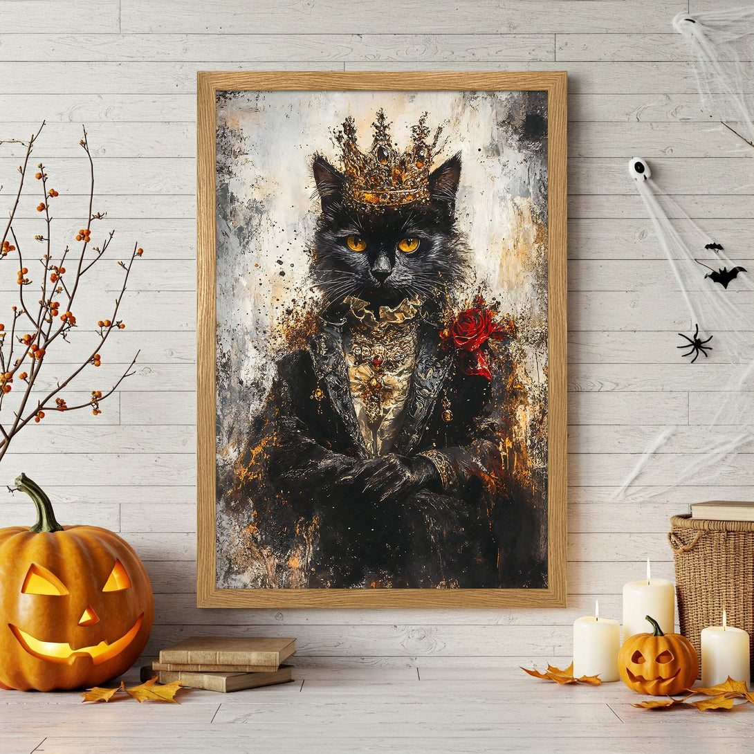 Framed Poster featuring a regal black cat in a crown, artistic style, with a black, gold, and white color palette. Perfect Halloween decor!