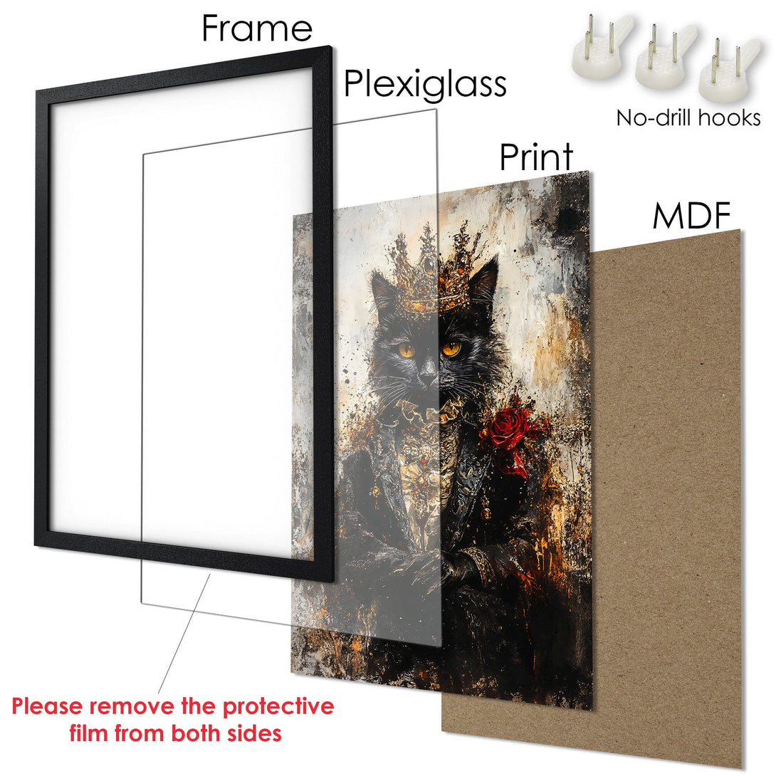 Framed Poster of a regal black cat with a crown, rich gold and red tones, artistic style. Perfect wall art!