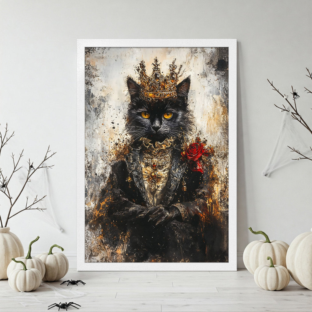 Framed Poster featuring a regal black cat wearing a crown, in an abstract style with a black, gold, and white color palette. Perfect wall art!