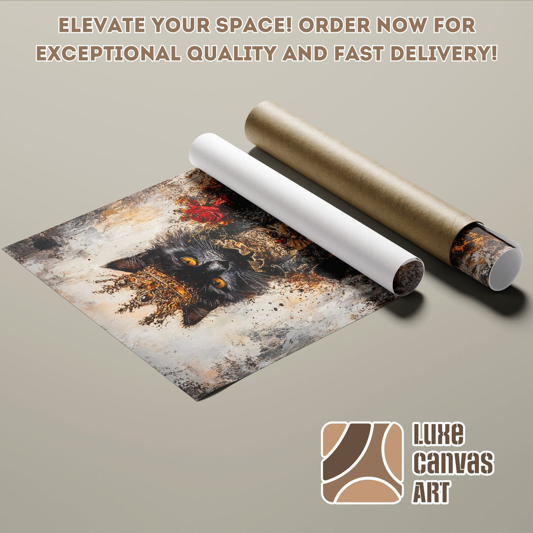 Poster Roll featuring a black cat art print in a neutral color palette, perfect for home decor.
