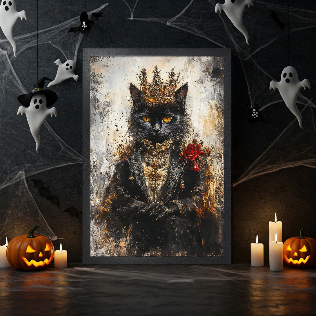 Framed Poster featuring a regal black cat in a crown, artistic style, with a black, gold, and white color palette. Perfect Halloween decor.