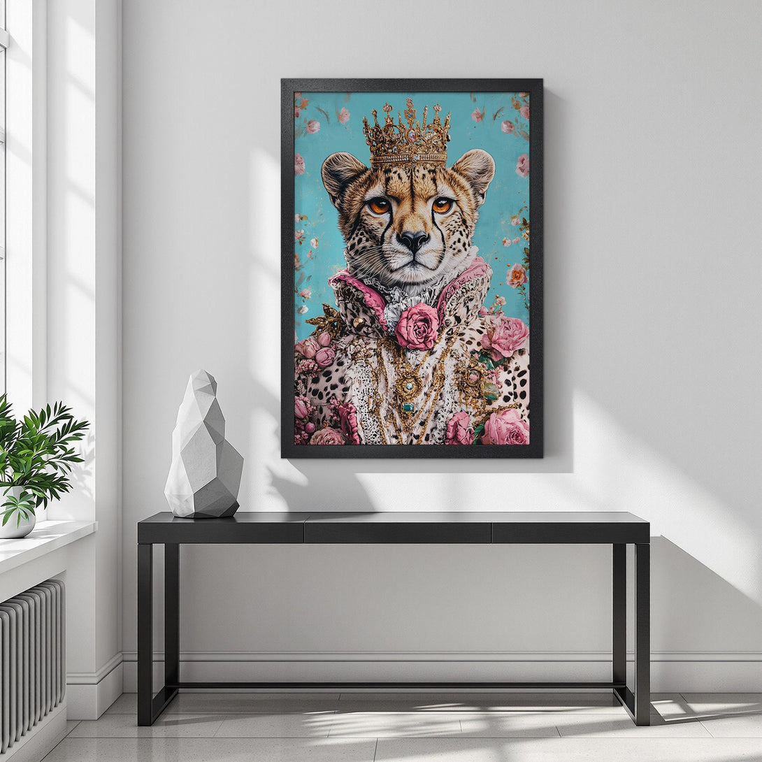 Framed Poster featuring a regal cheetah with a crown, floral accents, and a turquoise background. Stylish artwork with a pink, gold, and teal color palette.