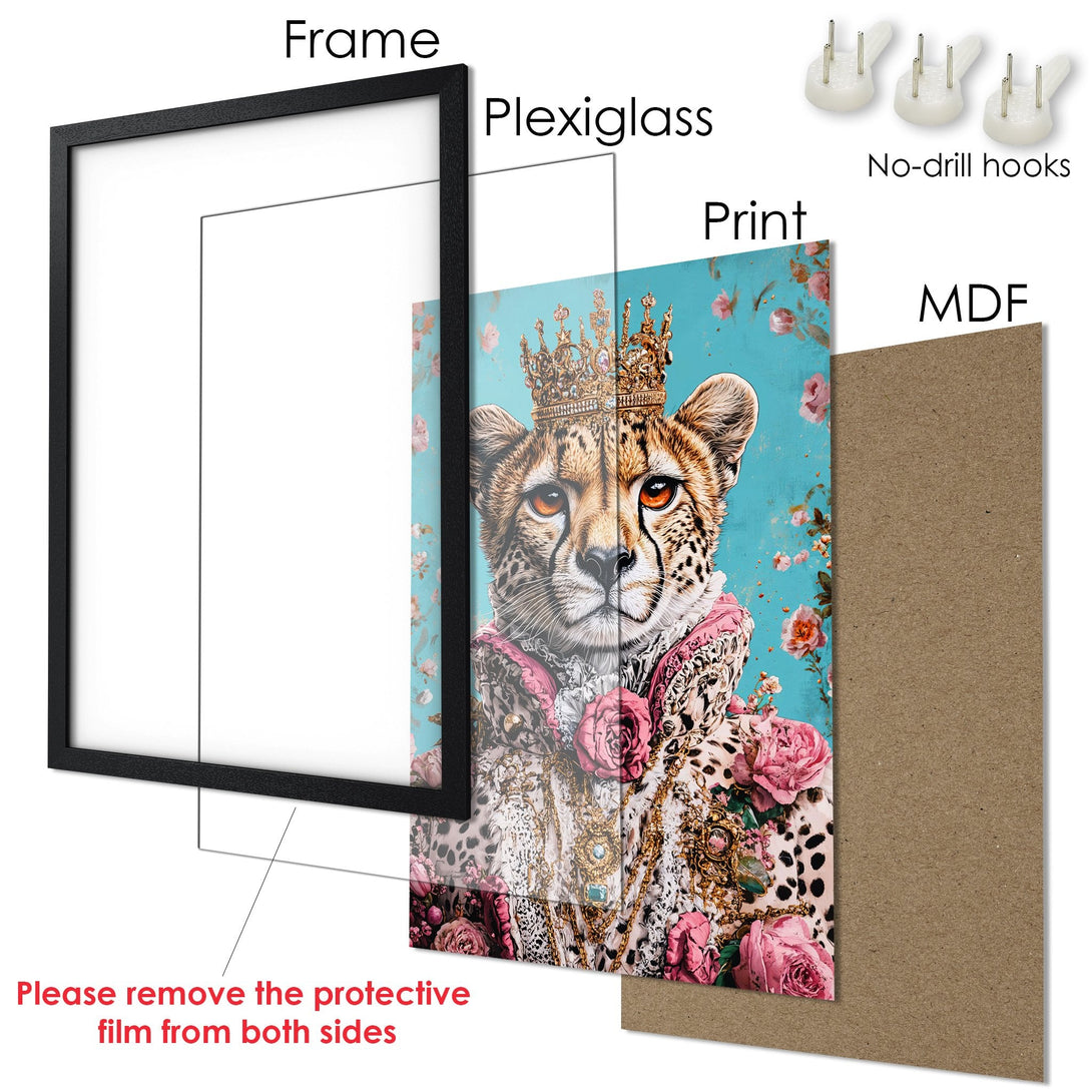 Framed Poster featuring a regal cheetah with a crown, in a whimsical style. The color palette includes teal, pink, and gold.