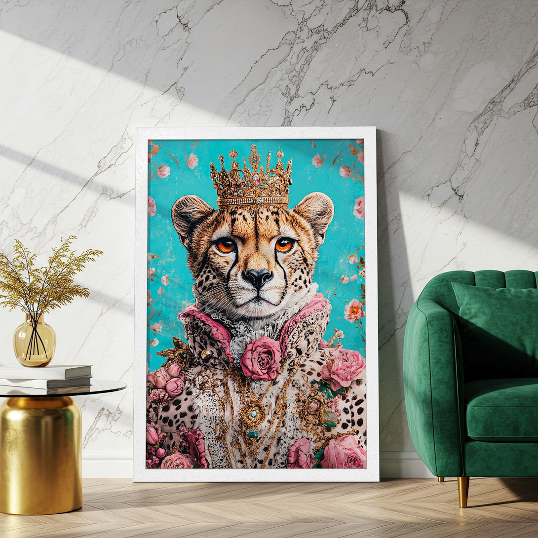 Framed Poster featuring a regal cheetah in a crown, floral details, and a teal background. Stylish art with a pink, gold, and teal color palette.